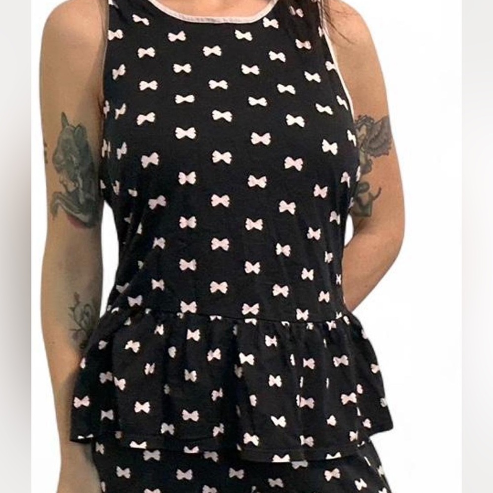 Black Peplum Kate Spade Top with Pink Bow Pattern